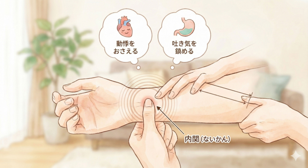 内関(ないかん):手首のシワから指3本分ほど肘側にあるツボ。ここを親指でゆっくりと押すことで、動悸や吐き気を鎮める効果が期待されます。