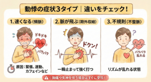 動悸の症状3タイプ|ドクンと脈が飛ぶ・バクバクする違いは?